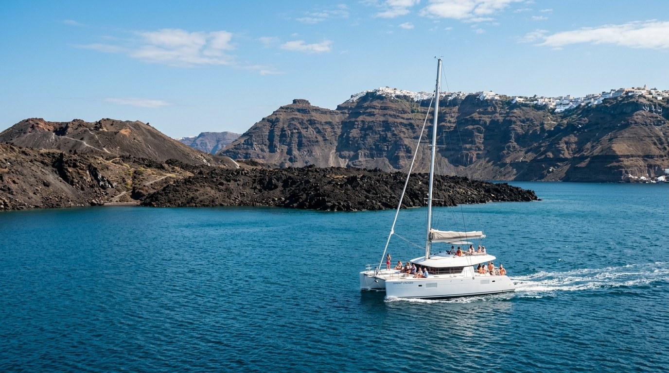 Catamaran cruising the Santorini caldera near Nea Kameni