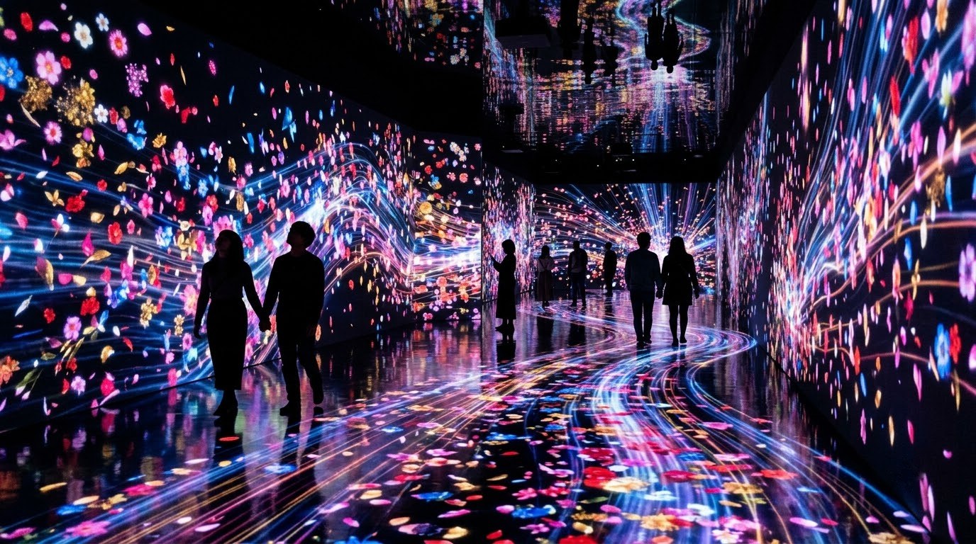 Visitors inside a teamLab immersive digital art installation in Tokyo