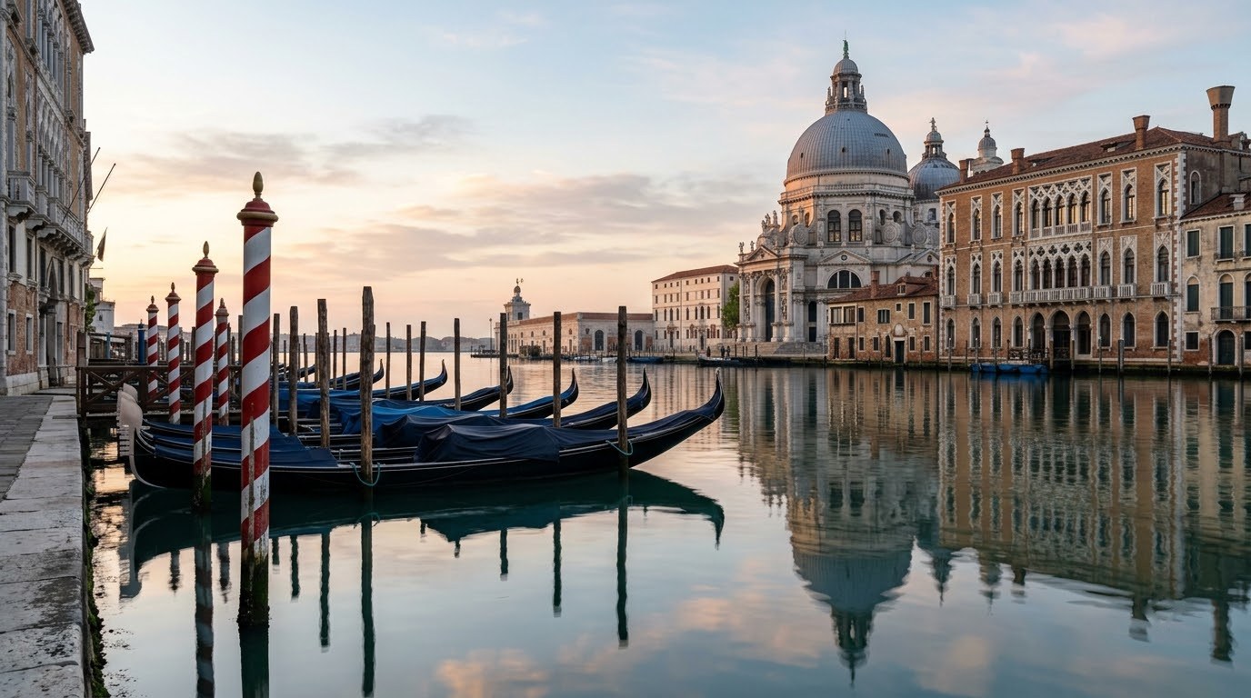 Grand Canal in Venice at dawn with gondolas and Salute church