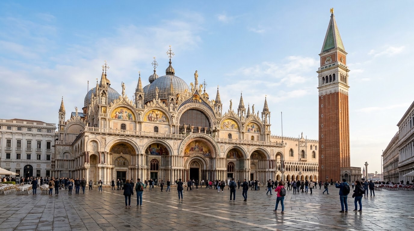 St Mark's Basilica and Campanile on Piazza San Marco in Venice