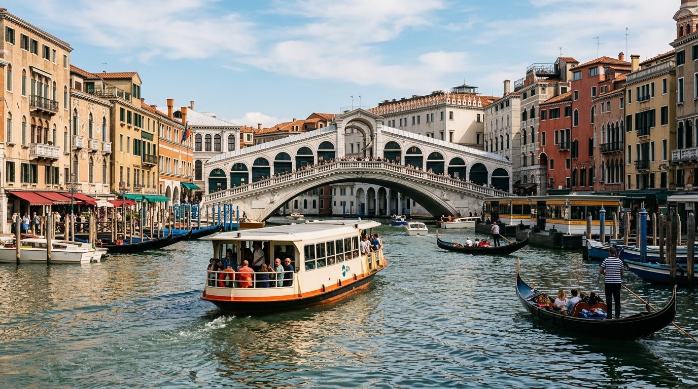 Vaporetto passing the Rialto Bridge on the Grand Canal in Venice