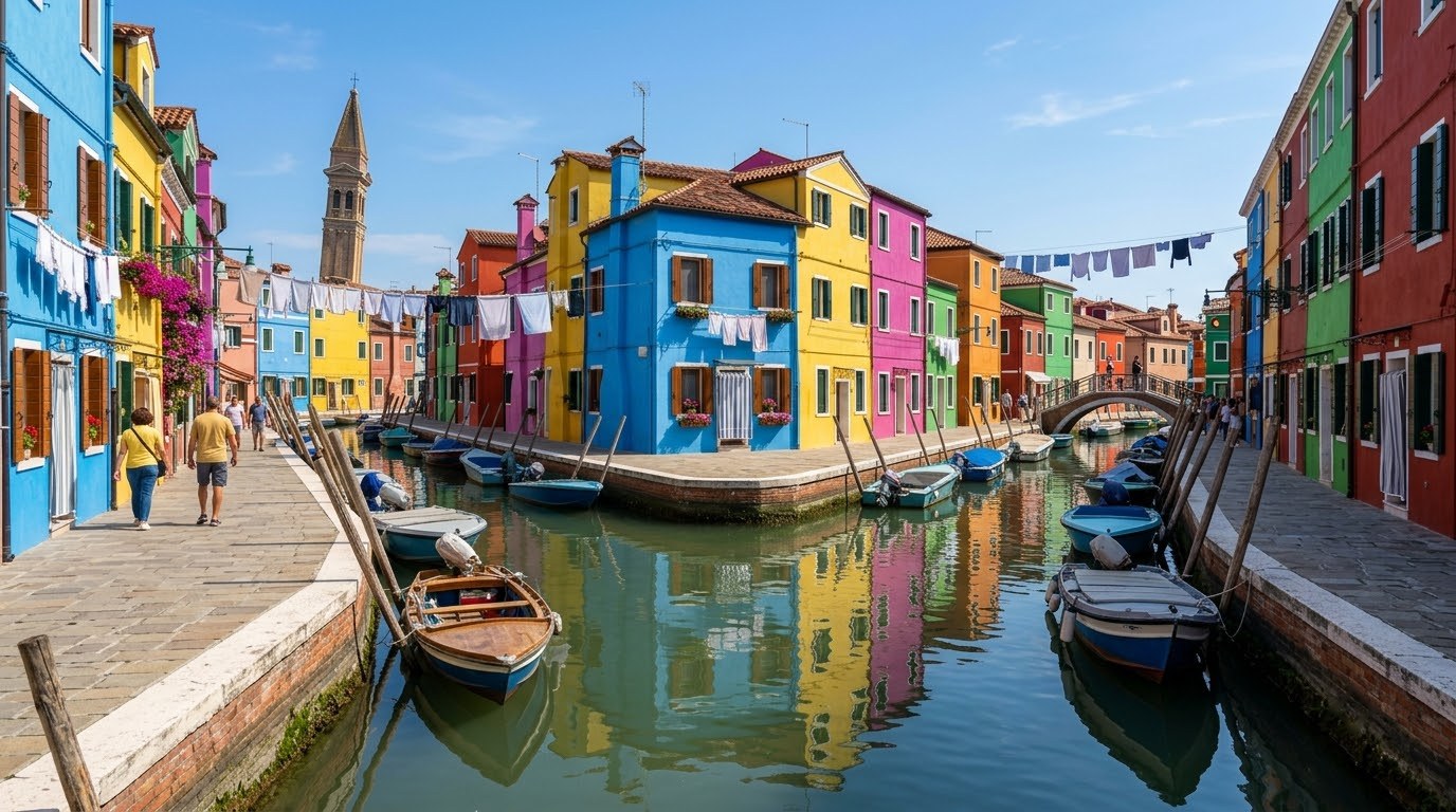 Colourful painted houses along a canal on Burano near Venice
