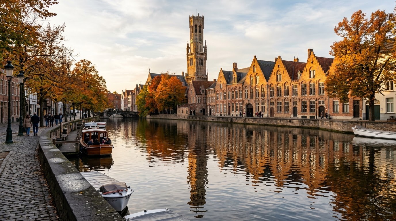 Rozenhoedkaai canal view in Bruges with the Belfry in autumn light