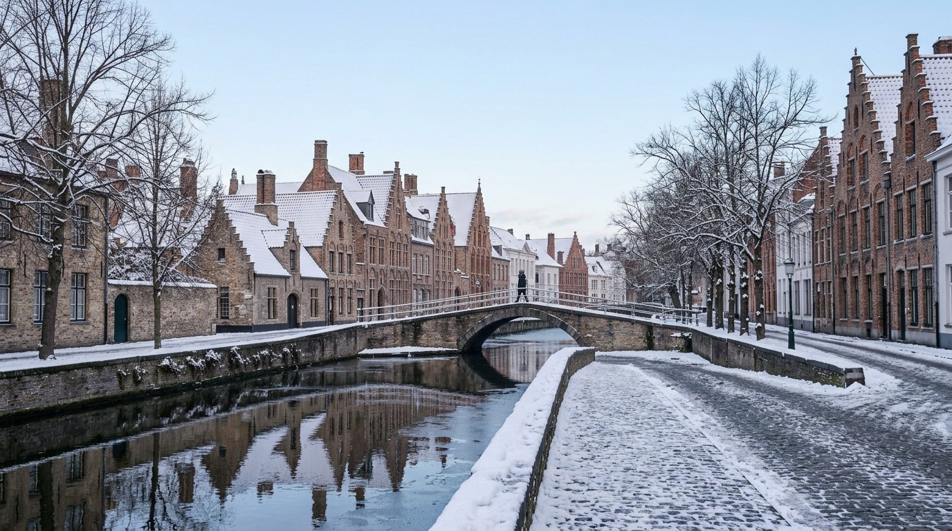 Snowy winter canal and gabled houses in Bruges