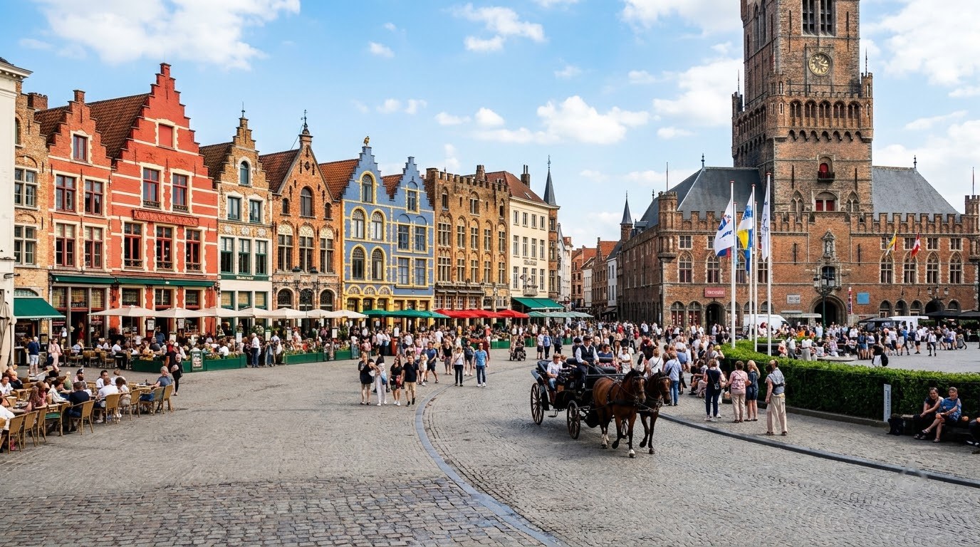 Summer crowds on the Markt square in Bruges below the Belfry