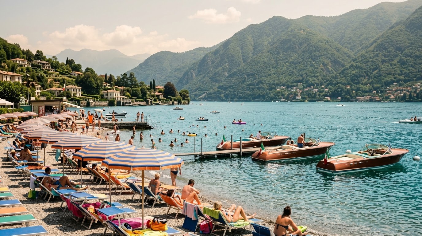 Summer lido and boats on sparkling Lake Como