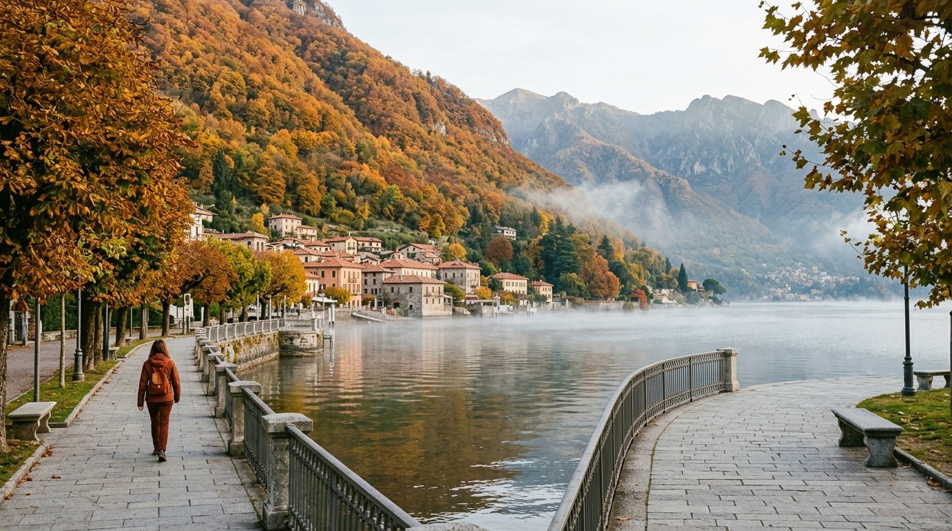 Golden autumn woods and misty water at Menaggio on Lake Como