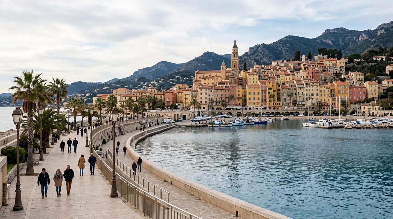 Promenade du Soleil and Menton old town on a mild sunny day