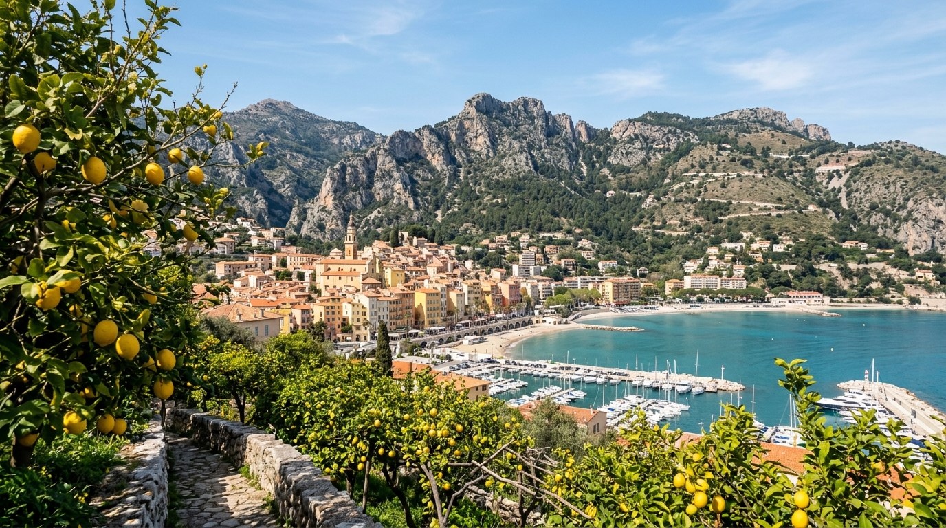 Menton bay sheltered by mountains with lemon trees in sunshine