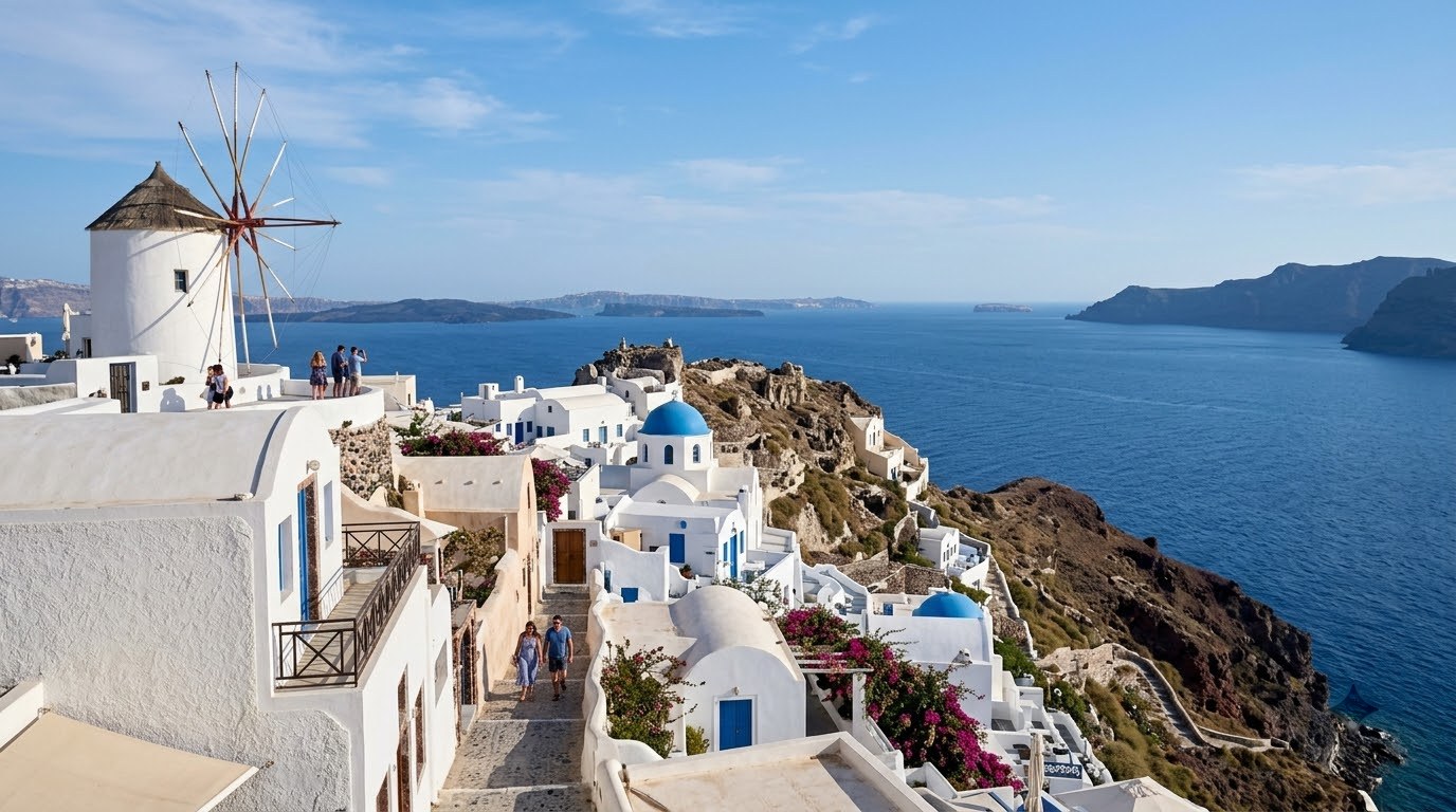Oia windmill and whitewashed houses in Santorini in spring