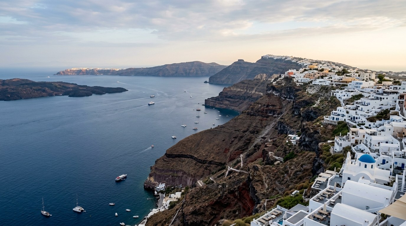 Santorini caldera panorama from Firostefani in morning light