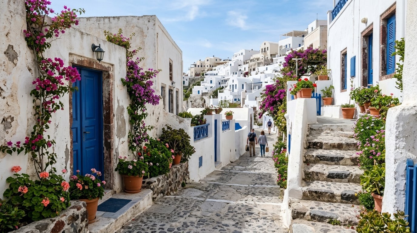 Quiet lane in Pyrgos village Santorini in spring