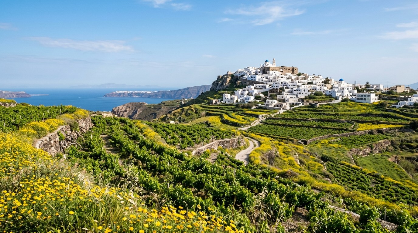Spring vineyards and wildflowers in Santorini in May