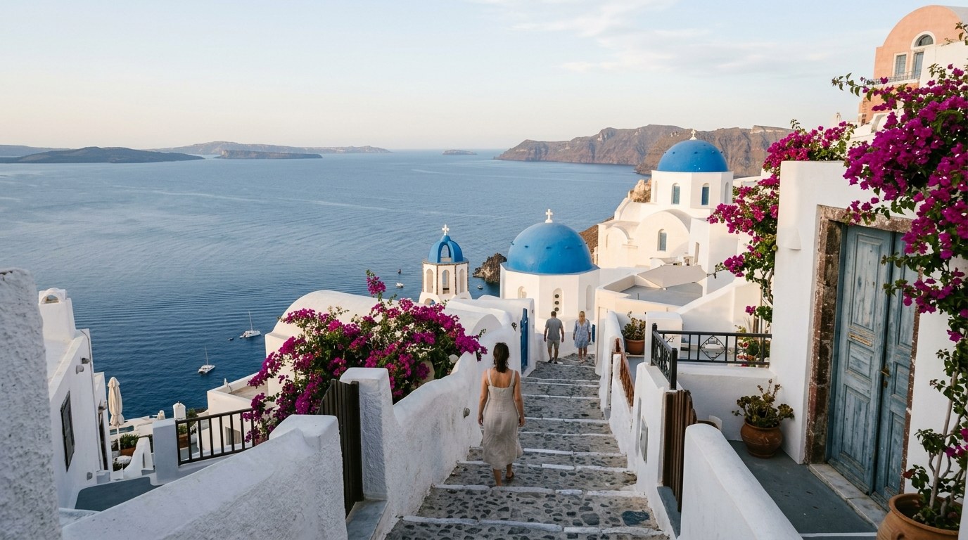 Early June morning in Oia Santorini before peak crowds