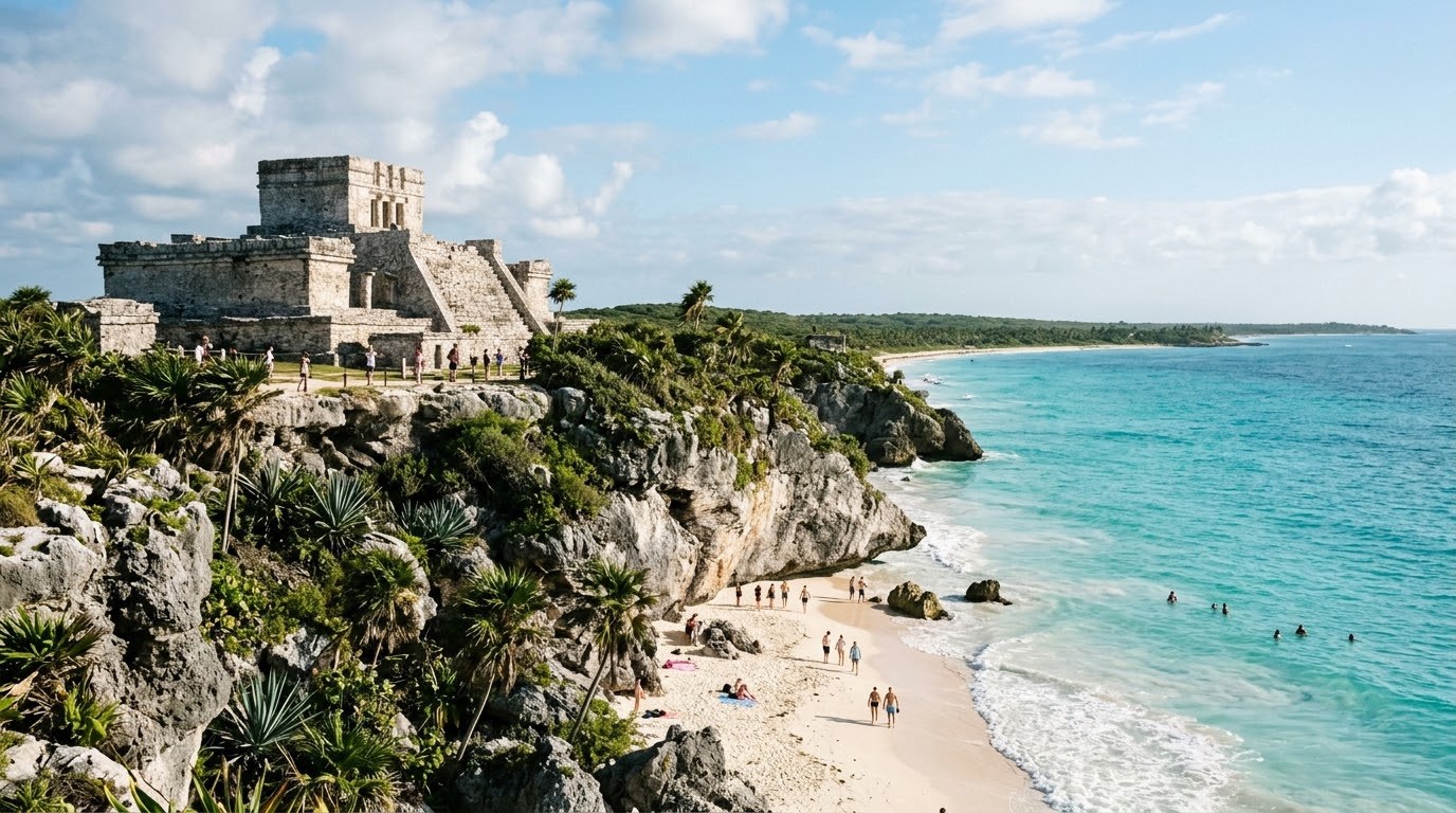 Tulum ruins on the cliff above the Caribbean beach