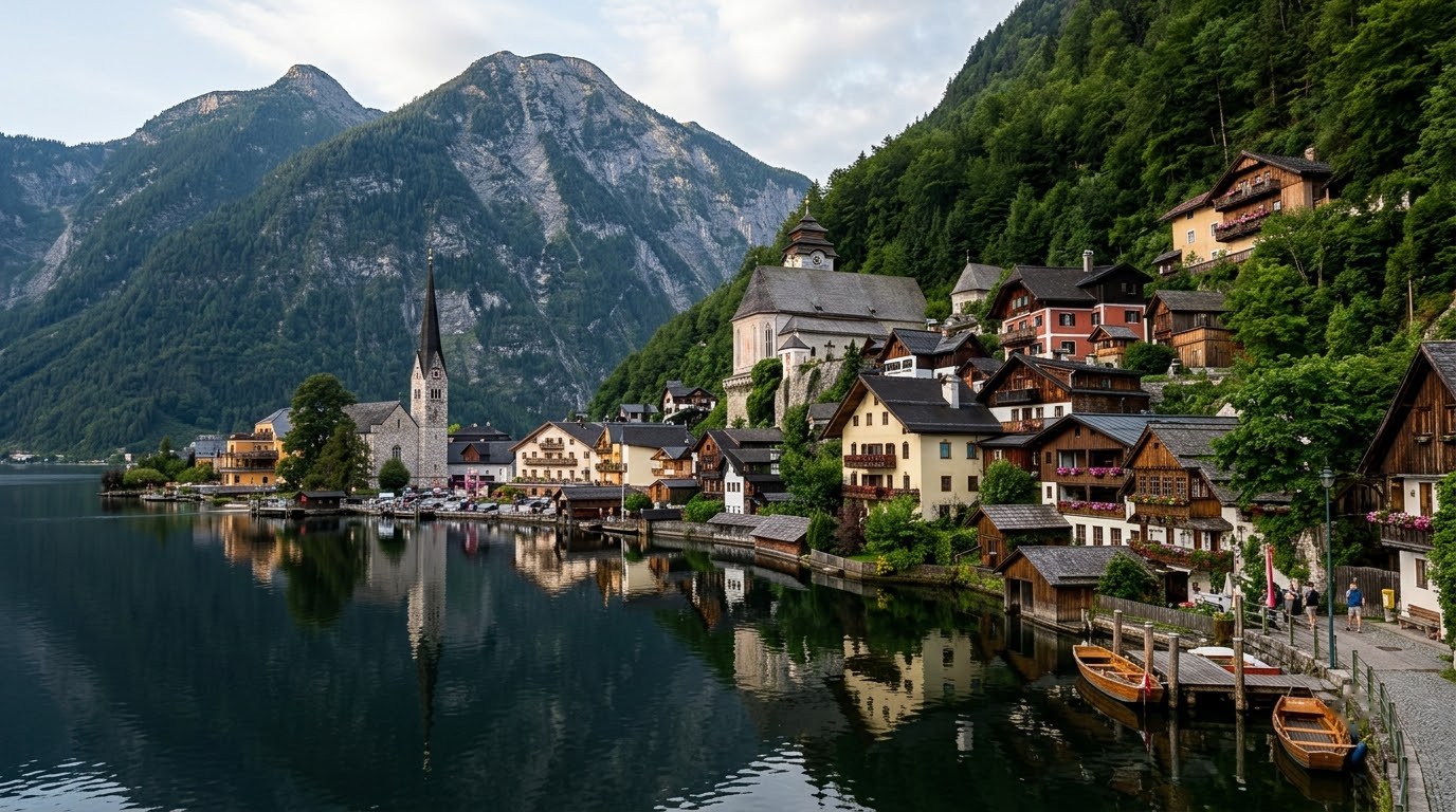 Hallstatt village and church reflected in Lake Hallstatt