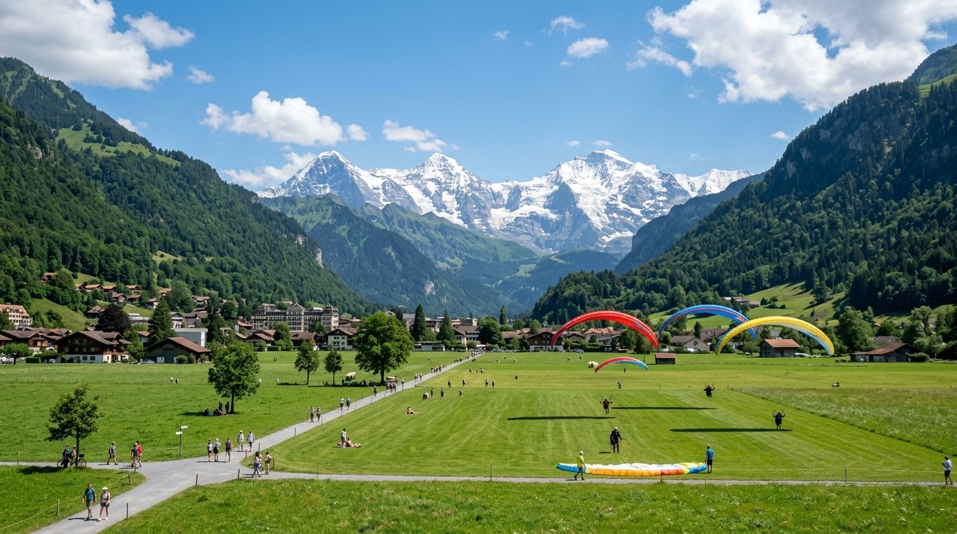 Hohematte meadow in Interlaken with the Jungfrau peak behind