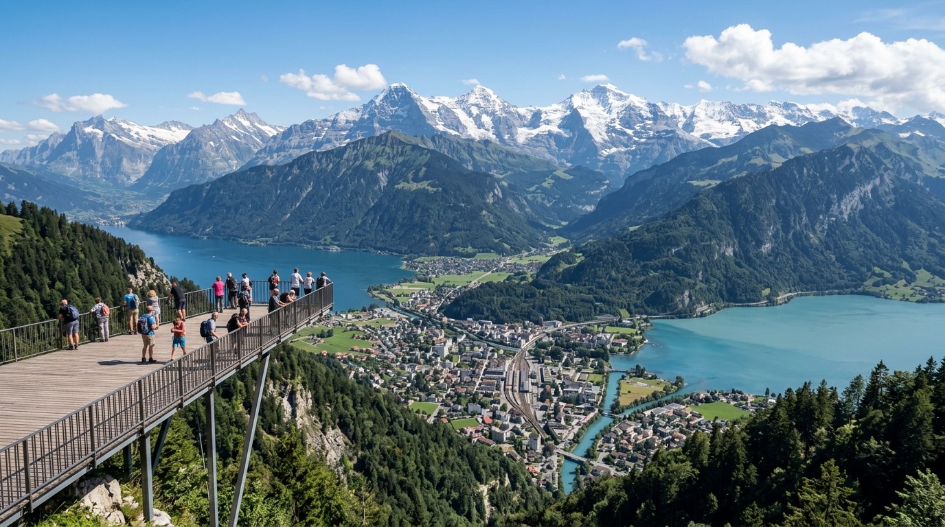 Harder Kulm view over Interlaken, its two lakes and the Alps