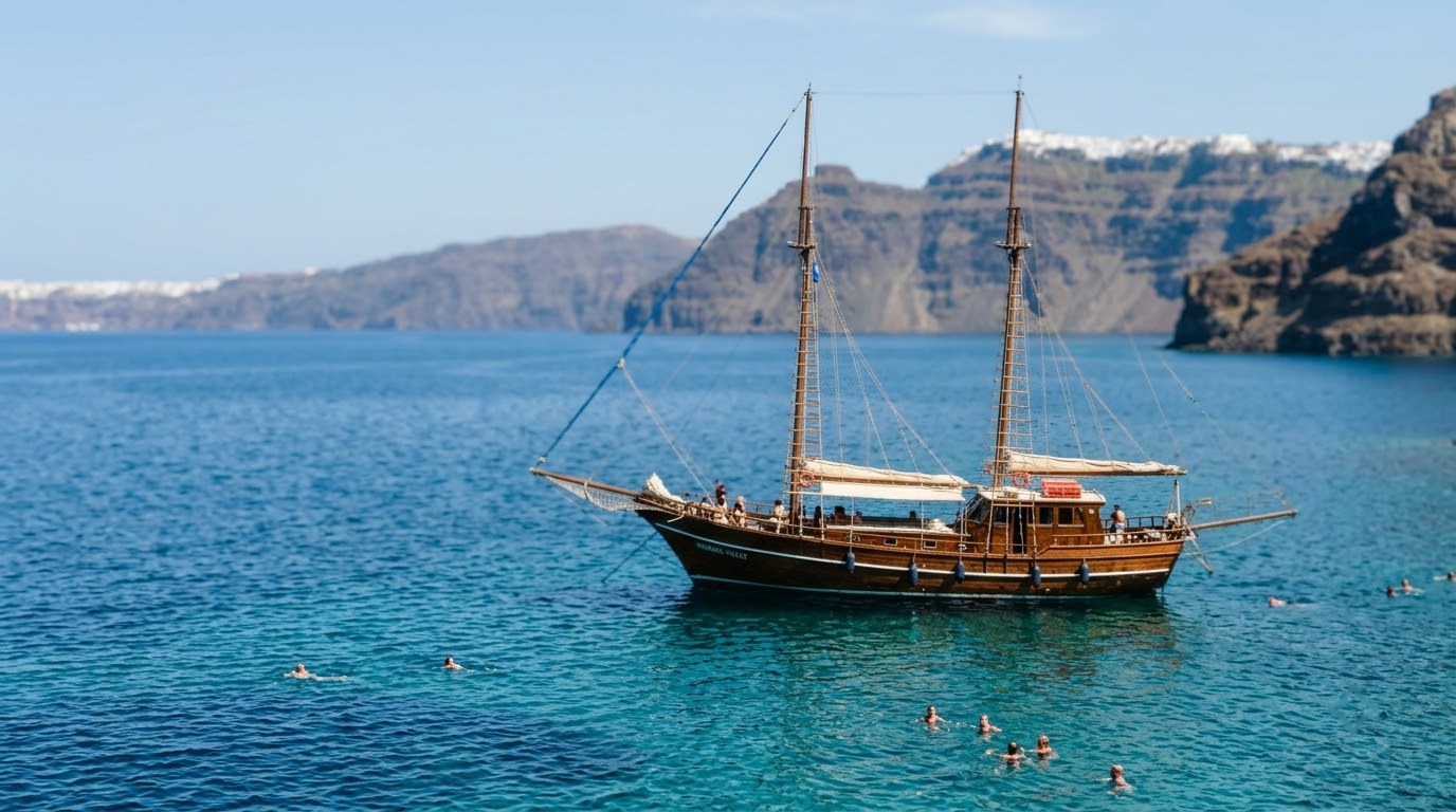Sailboat anchored in Santorini's caldera with swimmers nearby
