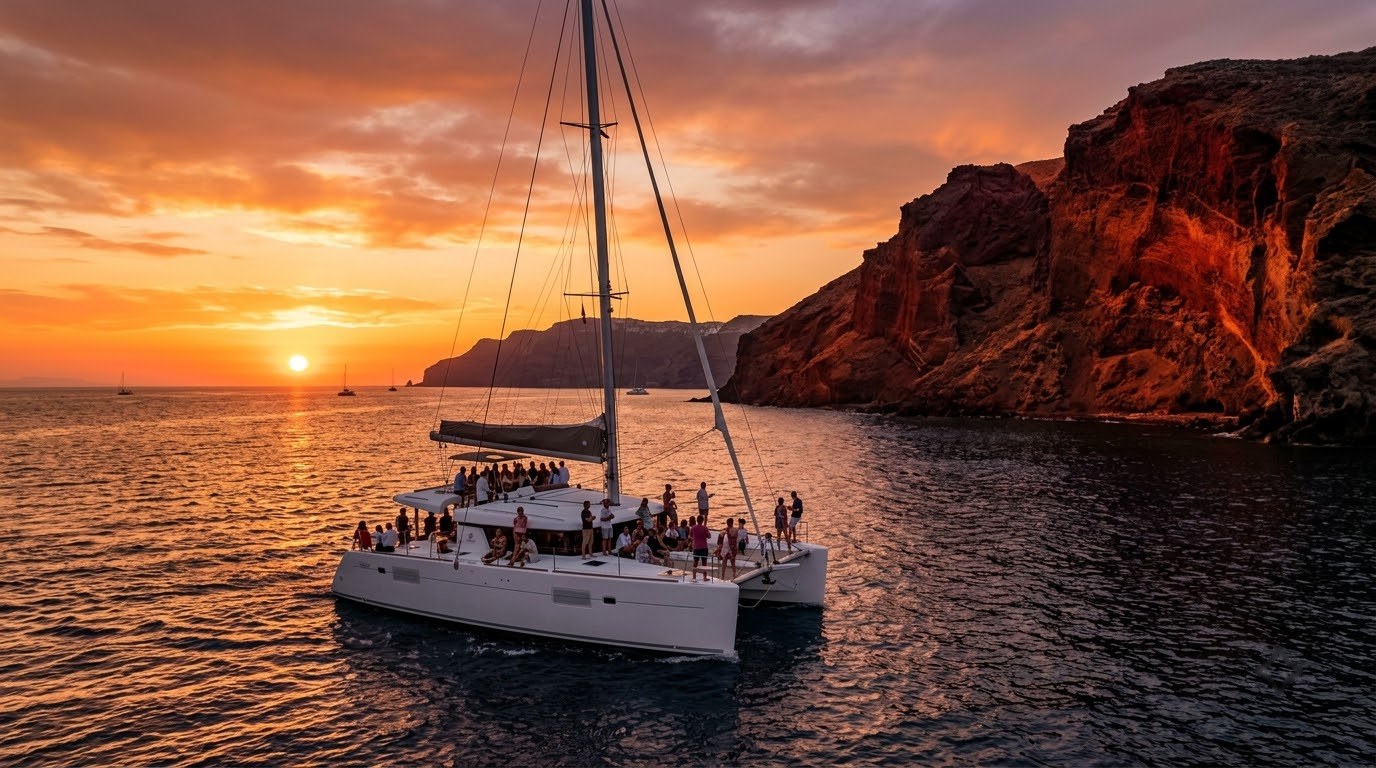 Sunset catamaran cruise near Red Beach in Santorini