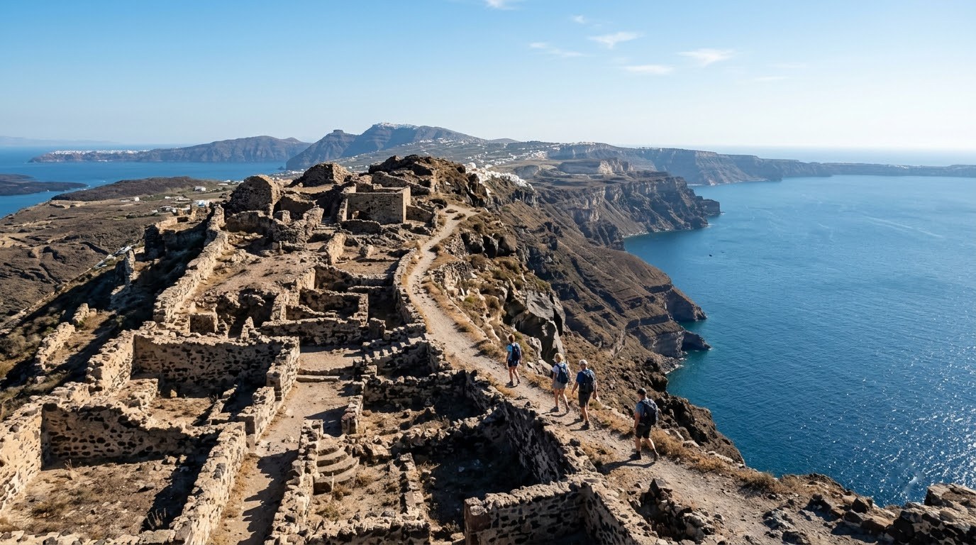 Hikers exploring Ancient Thera ruins on a Santorini land tour