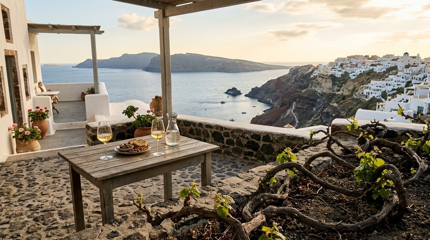 Winery terrace and basket-trained vines on a Santorini wine tour