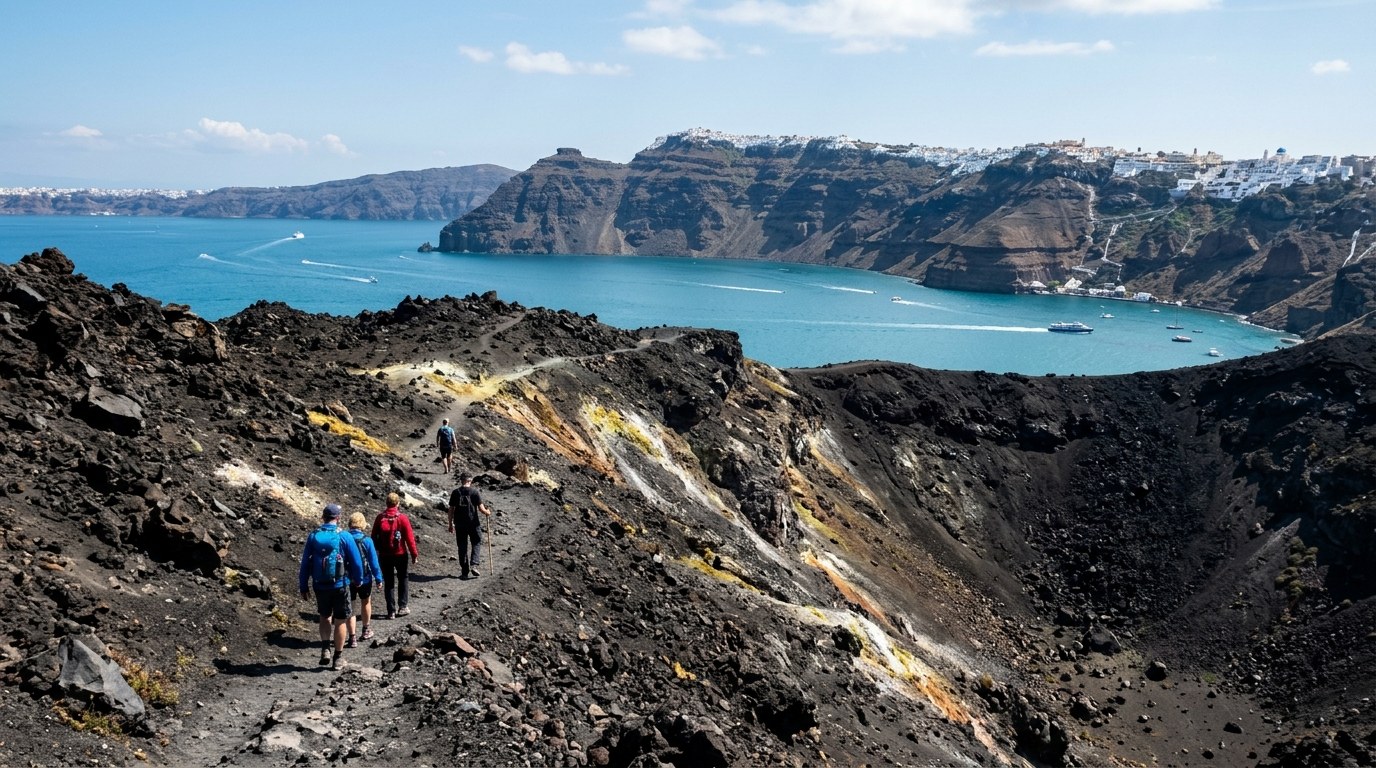 Hikers on the volcanic crater trail of Nea Kameni near Santorini