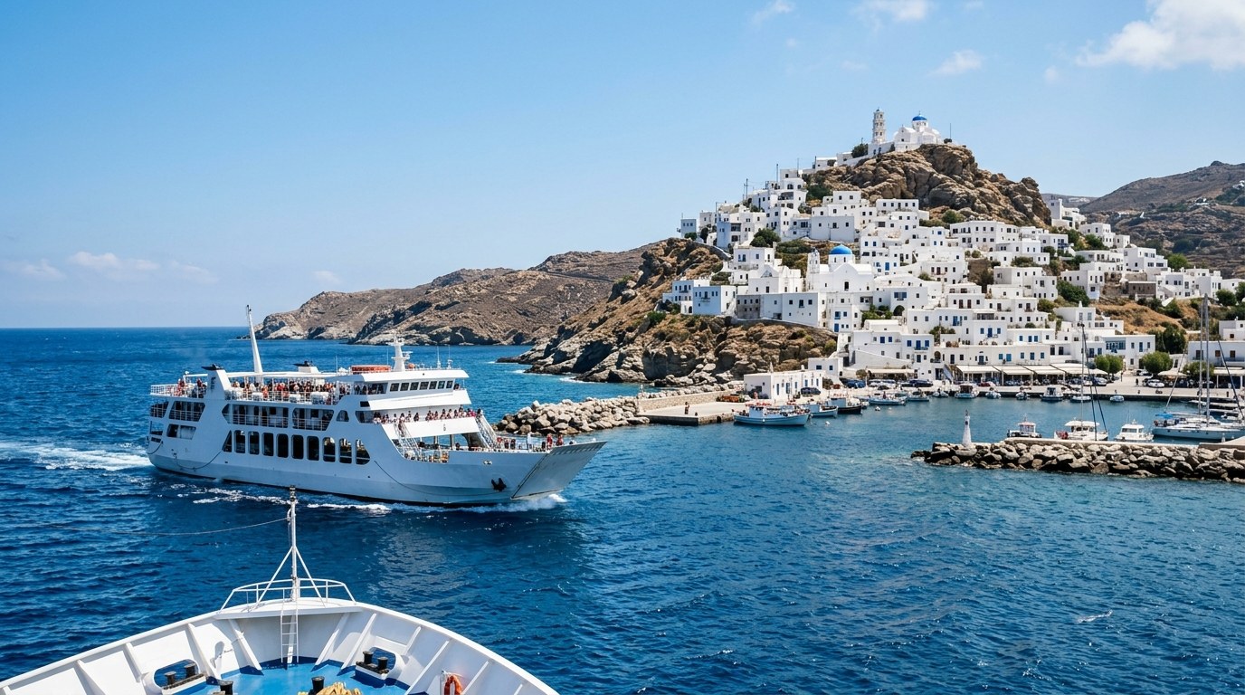 Ferry arriving at Ios island on a day trip from Santorini