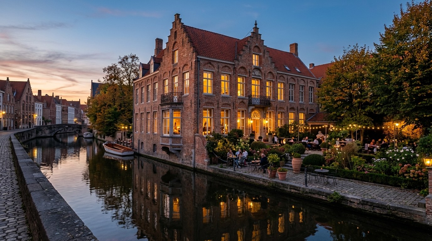 Luxury canal-side hotel in a brick mansion in Bruges at dusk