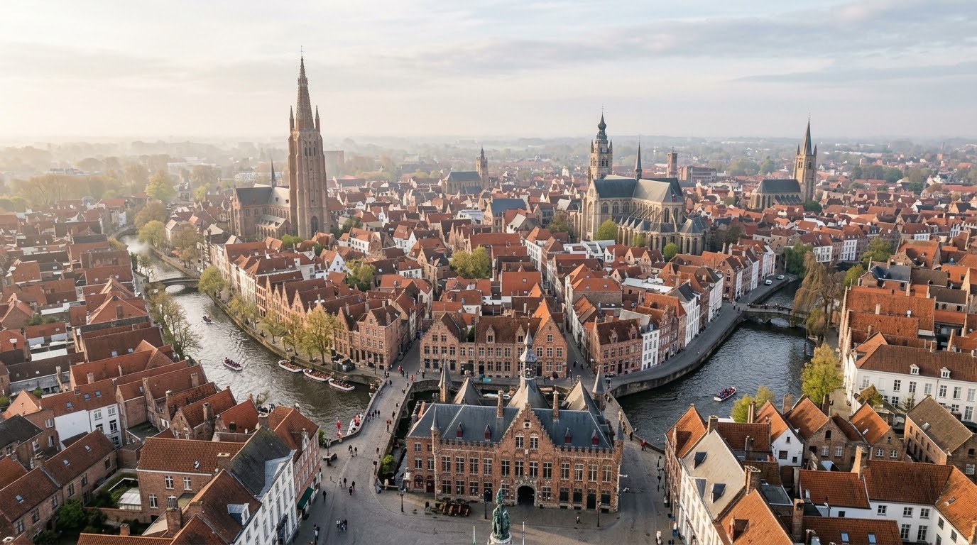 View over Bruges old town rooftops and spires from the Belfry