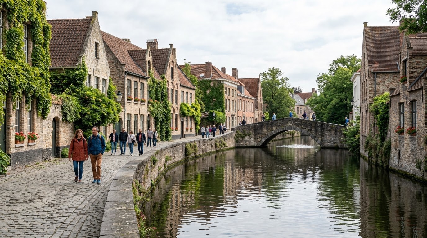 Walking along the Groenerei canal in Bruges on a day trip