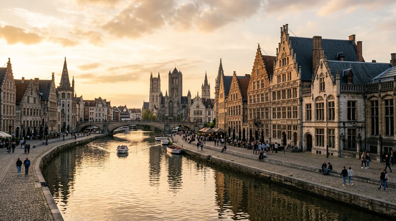 Graslei quay in Ghent at golden hour on a day trip from Bruges