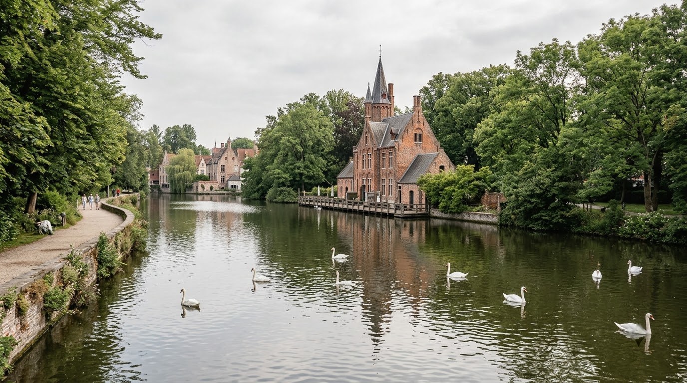 Swans on the calm Minnewater lake beside the lock house in Bruges