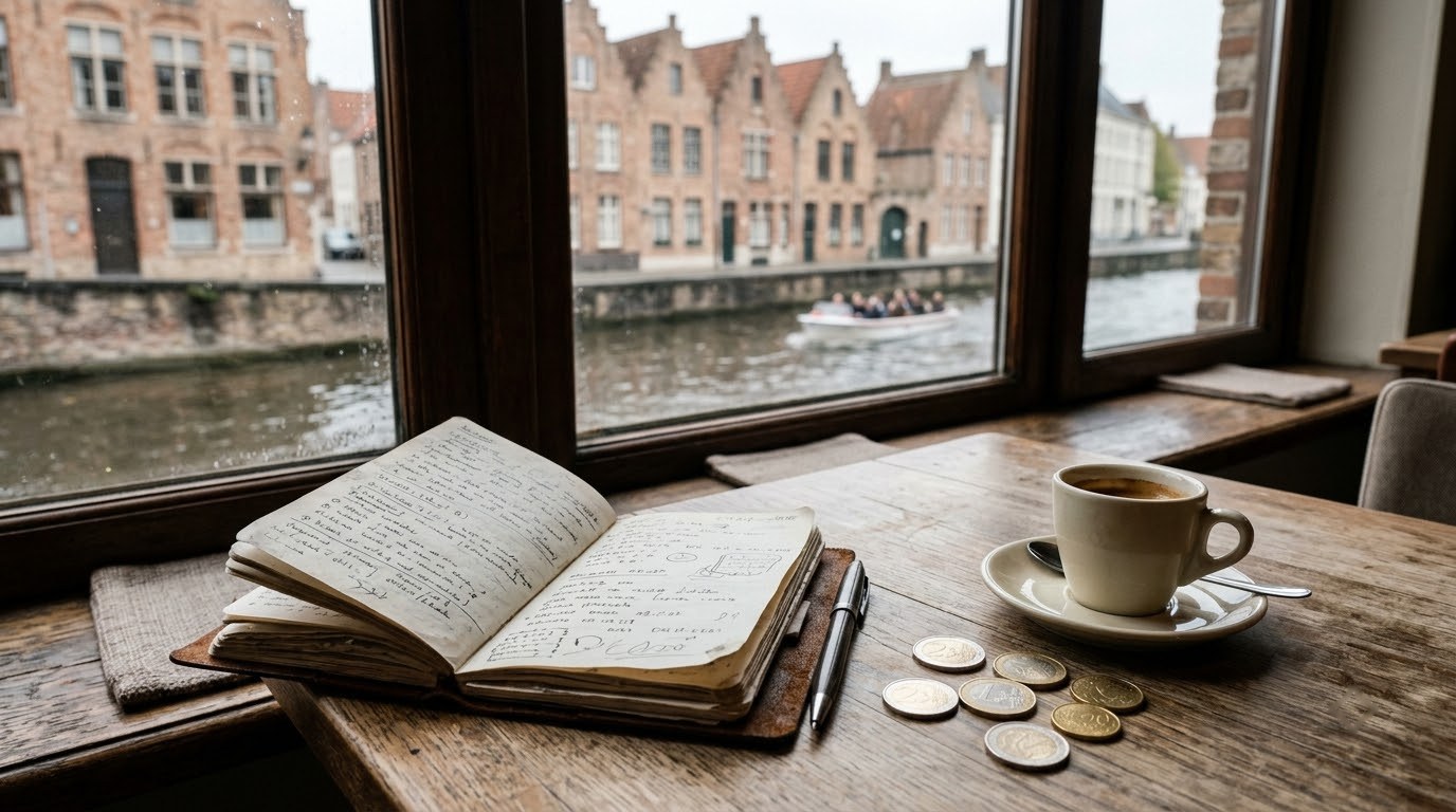 Notebook, euro coins and coffee by a canal window in Bruges
