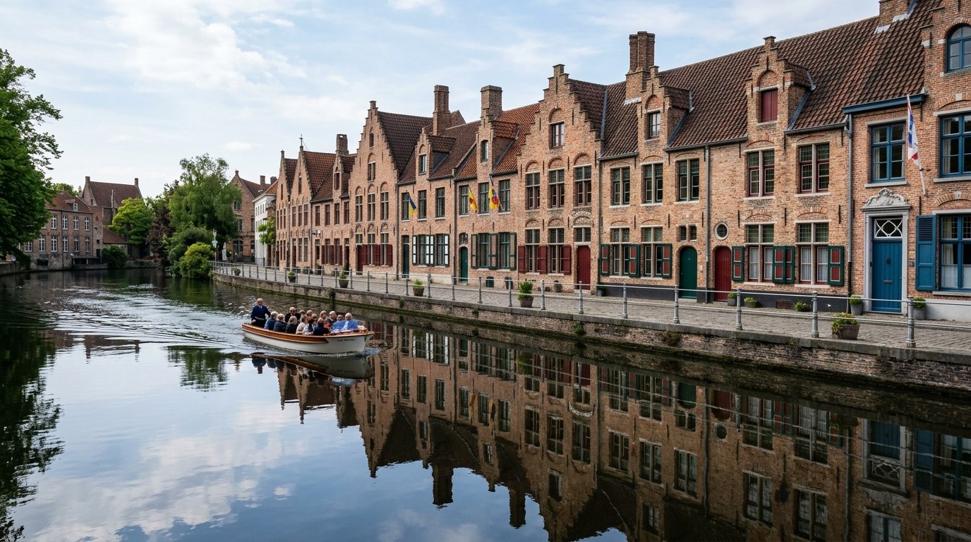 Bruges canal houses with guest rooms reflected in still water