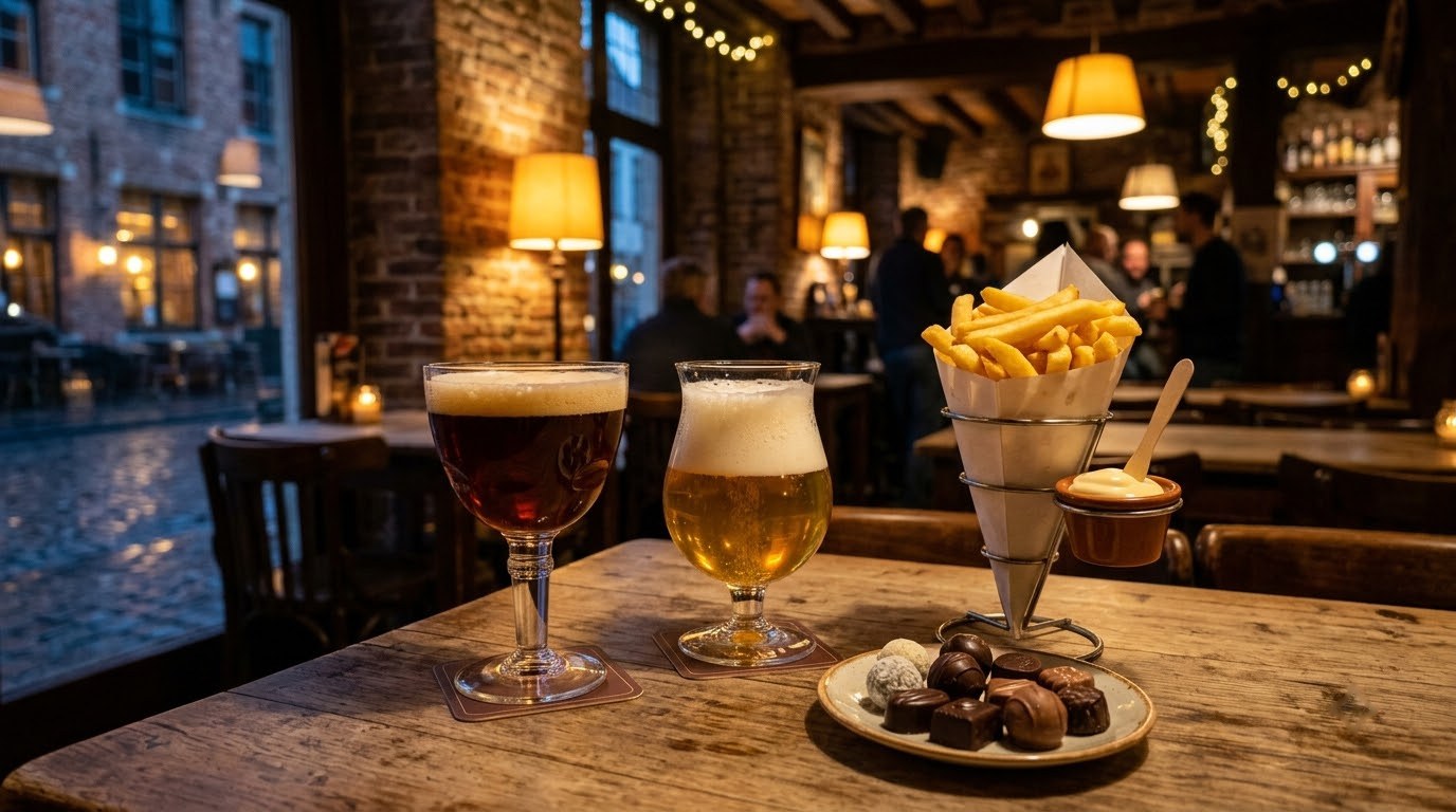 Belgian beer, fries and chocolates on a pub table in Bruges