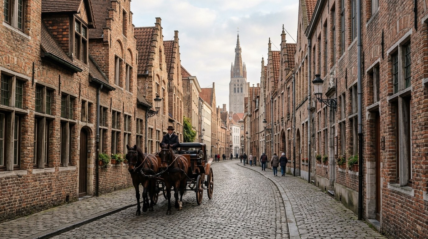 Medieval cobbled street with gabled houses and a horse carriage in Bruges