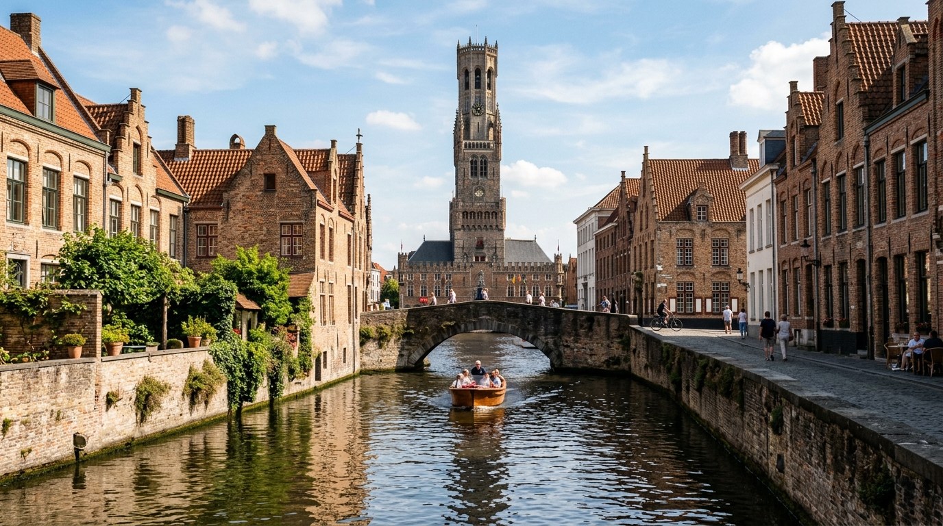 Bruges canal with the Belfry tower in summer
