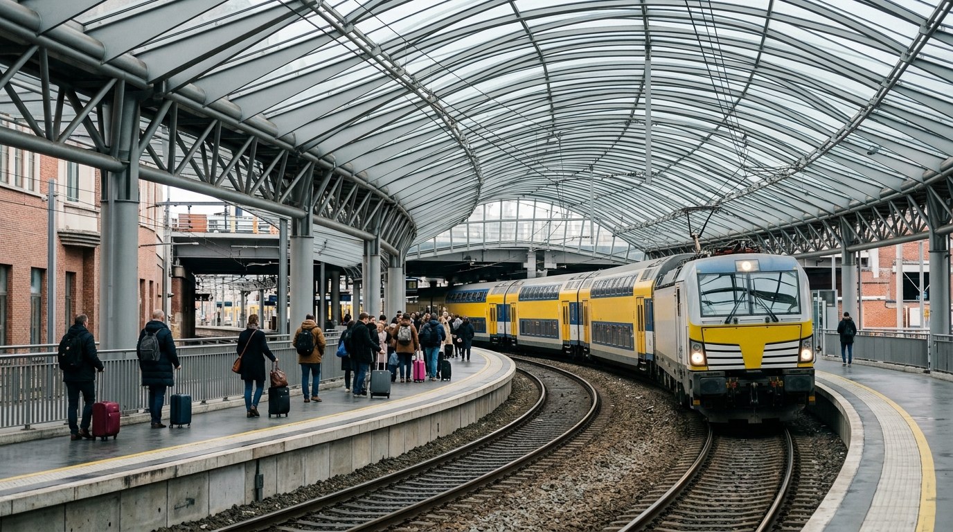 Belgian intercity train arriving at the platform of Bruges railway station