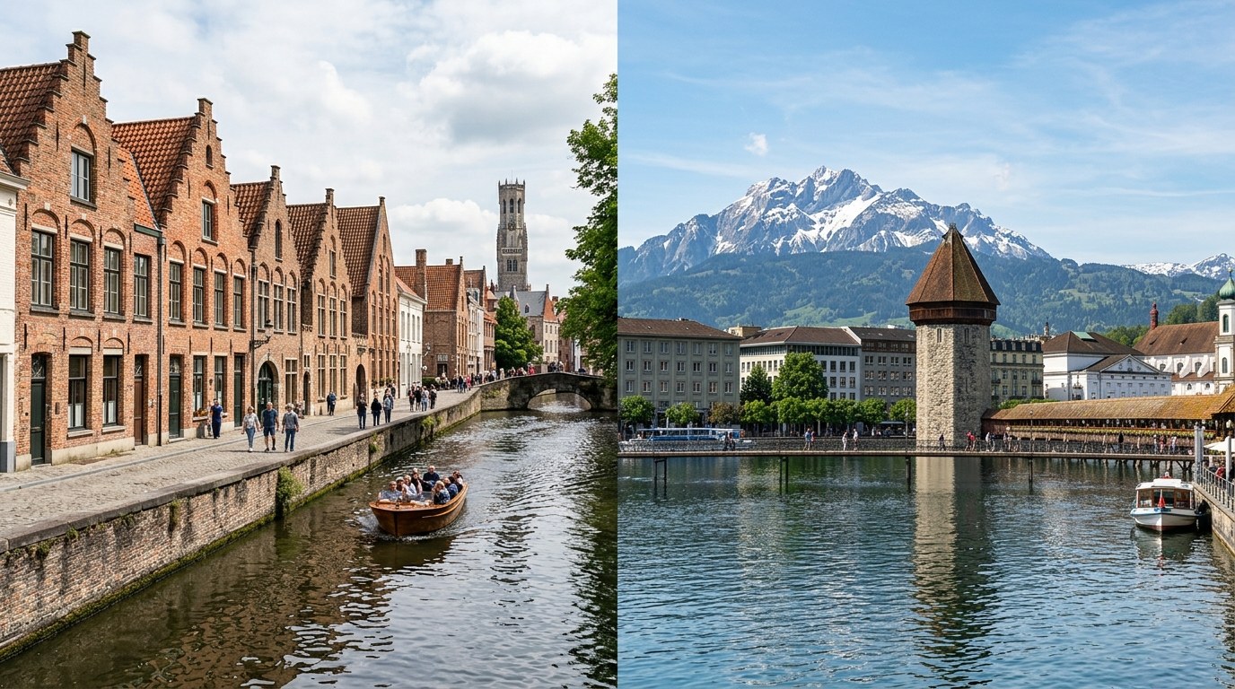 Split view of a Bruges canal and Lucerne's Chapel Bridge