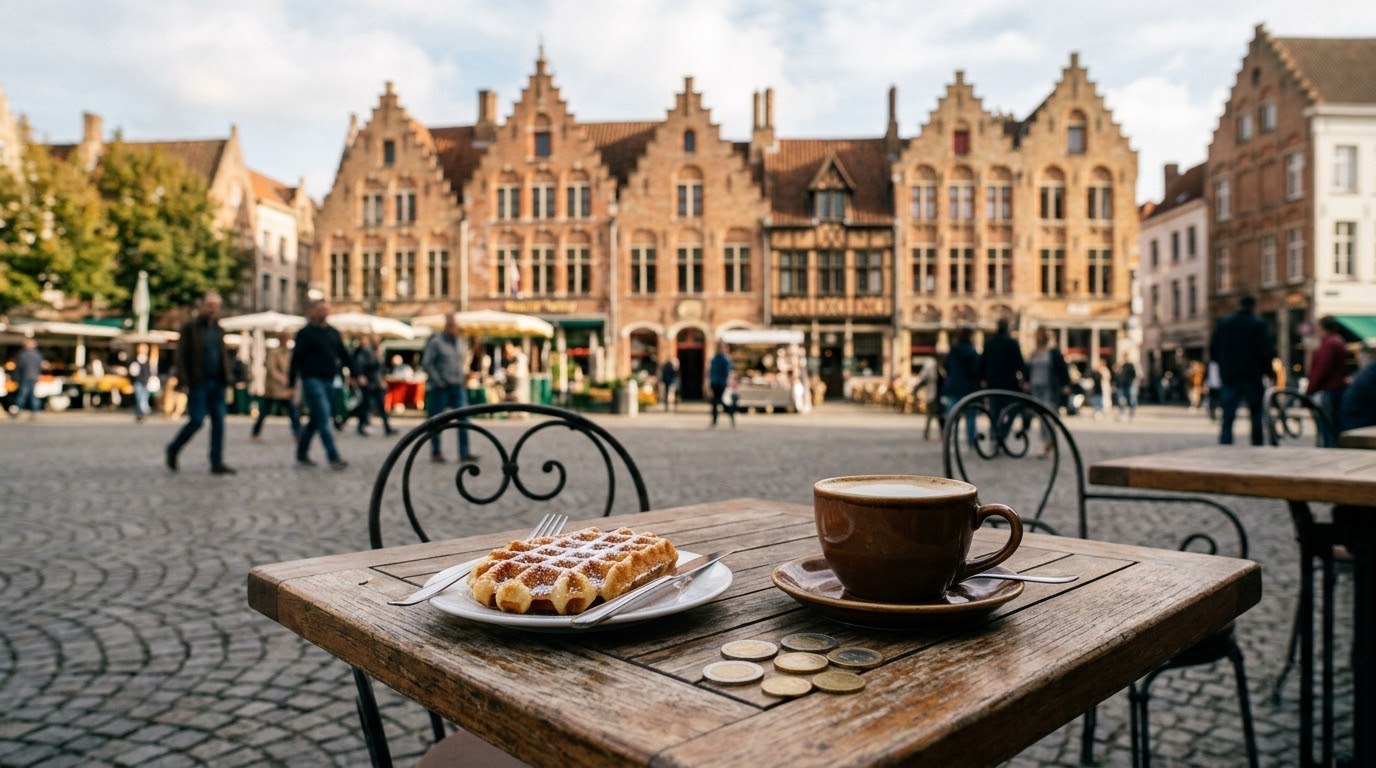 Coffee, waffle and euro coins at a Bruges cafe for cost comparison