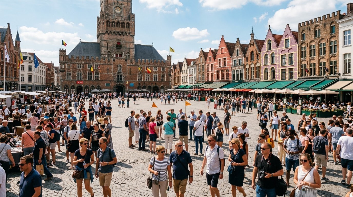 Summer crowds on the Markt square in Bruges