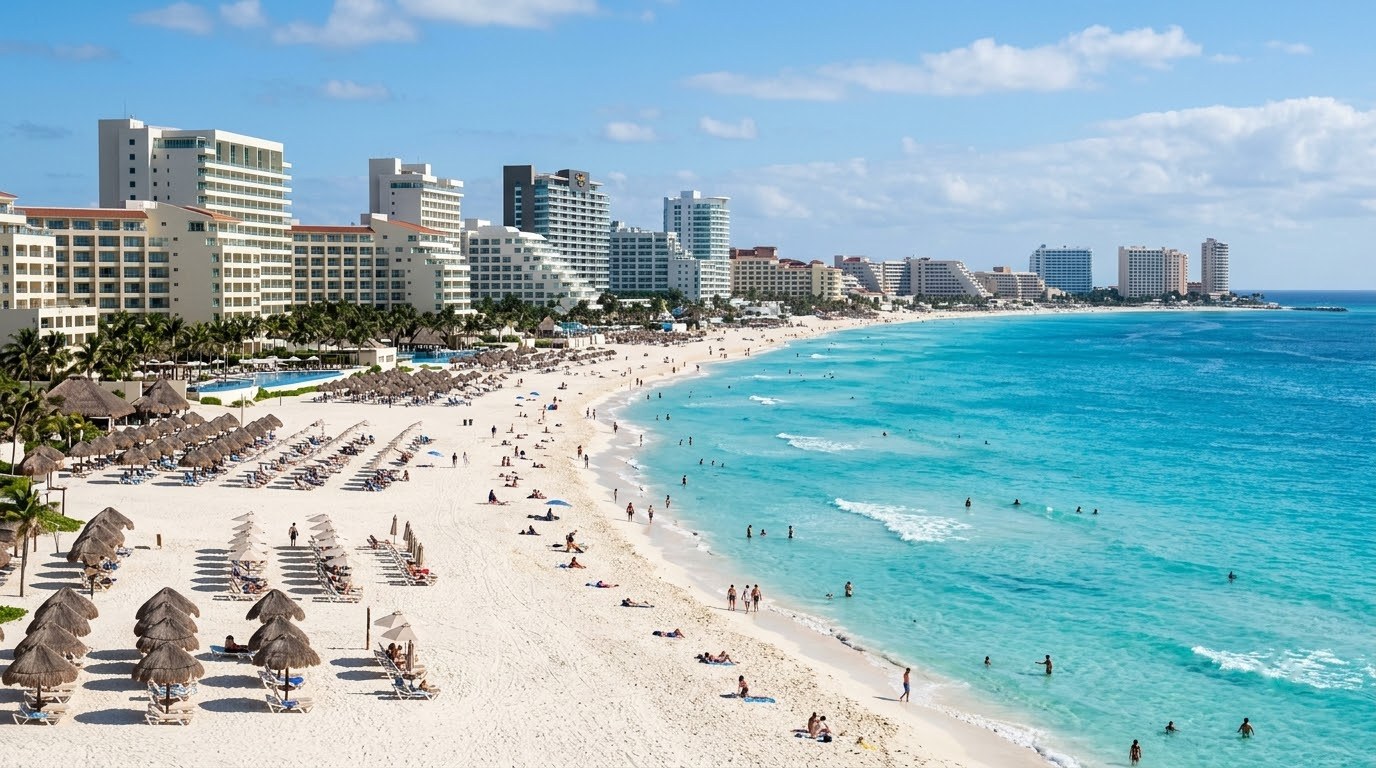 Cancun Hotel Zone beach with resorts and turquoise sea