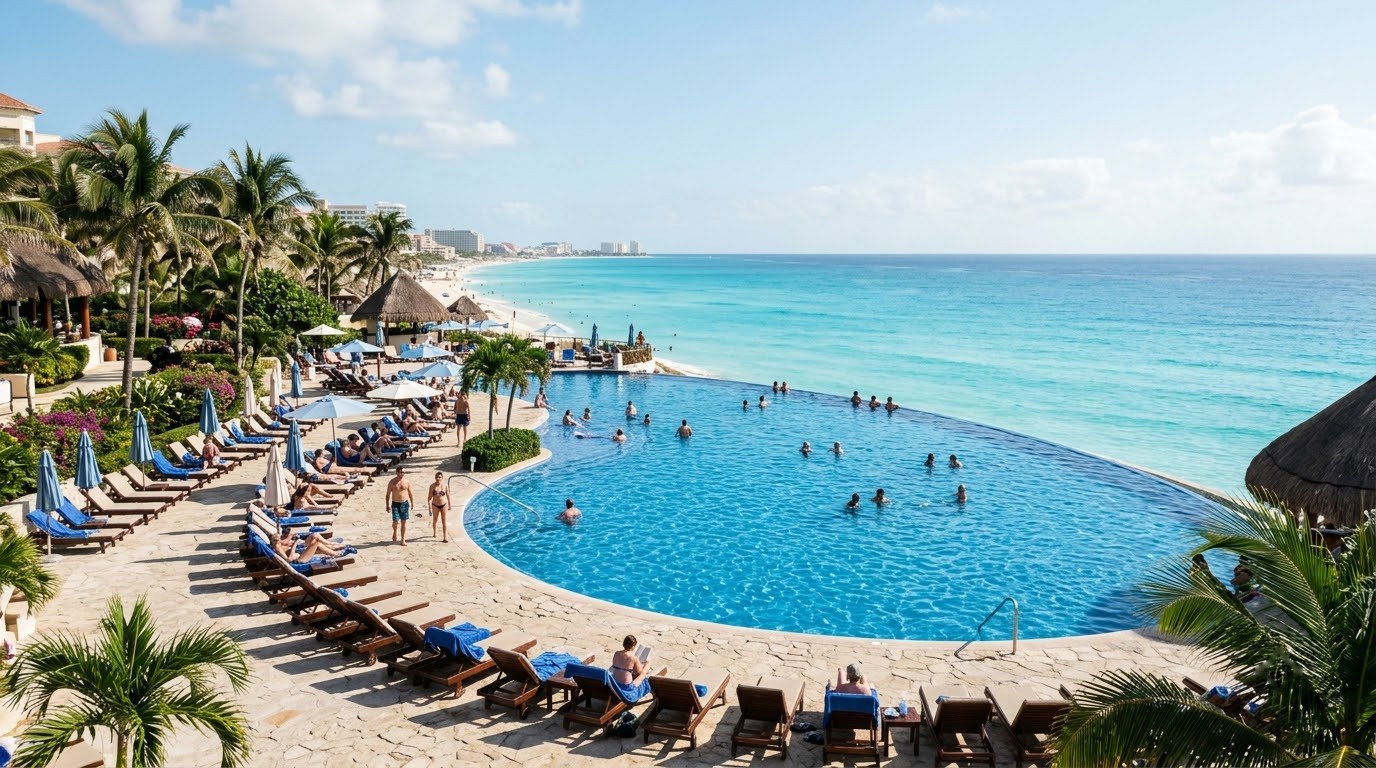 All-inclusive resort pool overlooking the Caribbean in Cancun