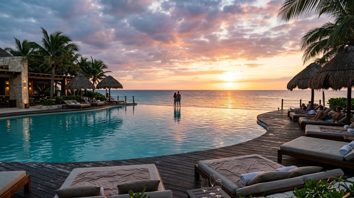 Adults-only infinity pool at a Cancun resort at sunset