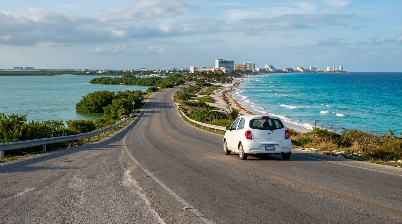 Rental car on the coastal road of Cancun Hotel Zone