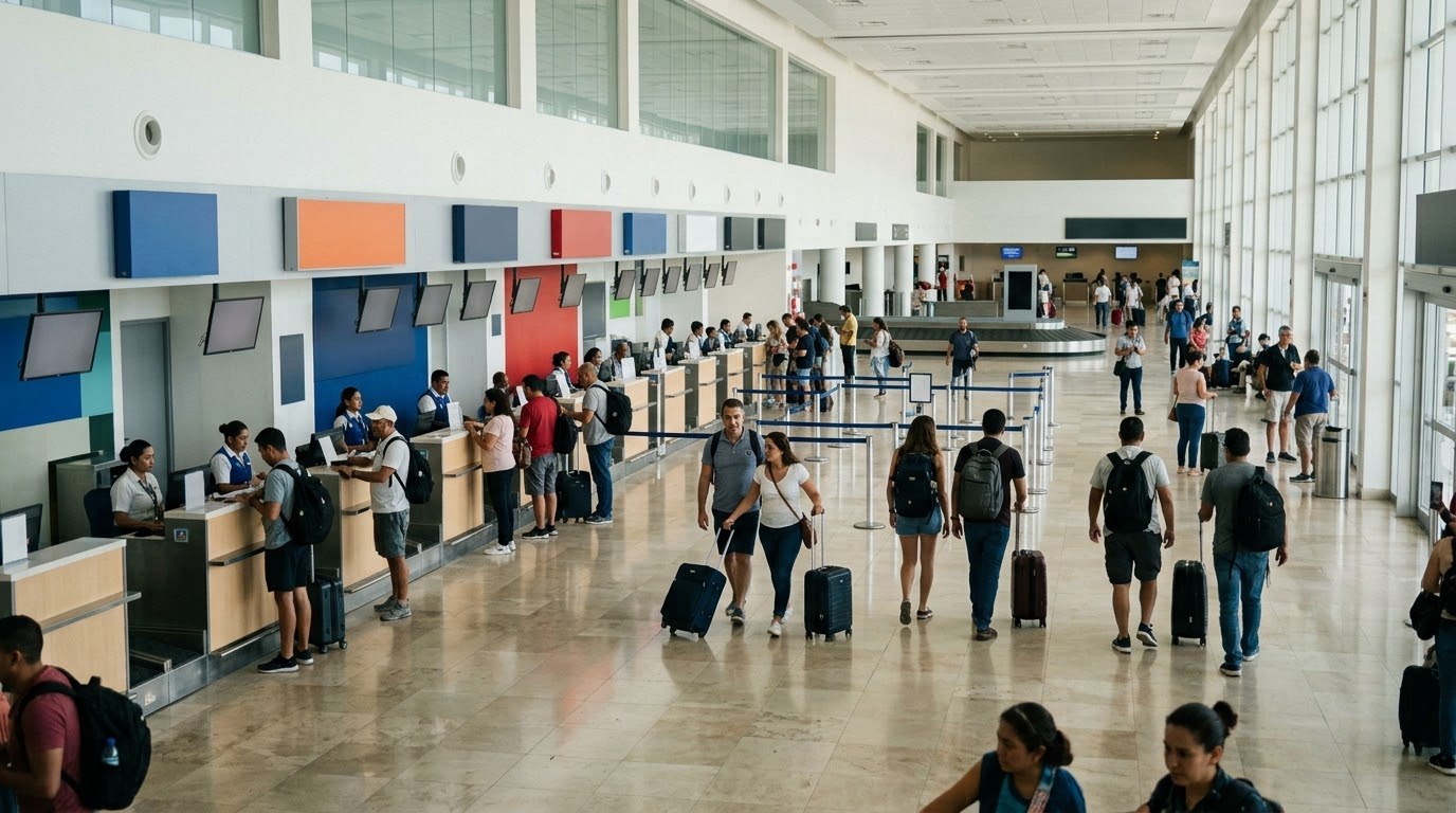 Car rental counters at Cancun airport arrivals hall