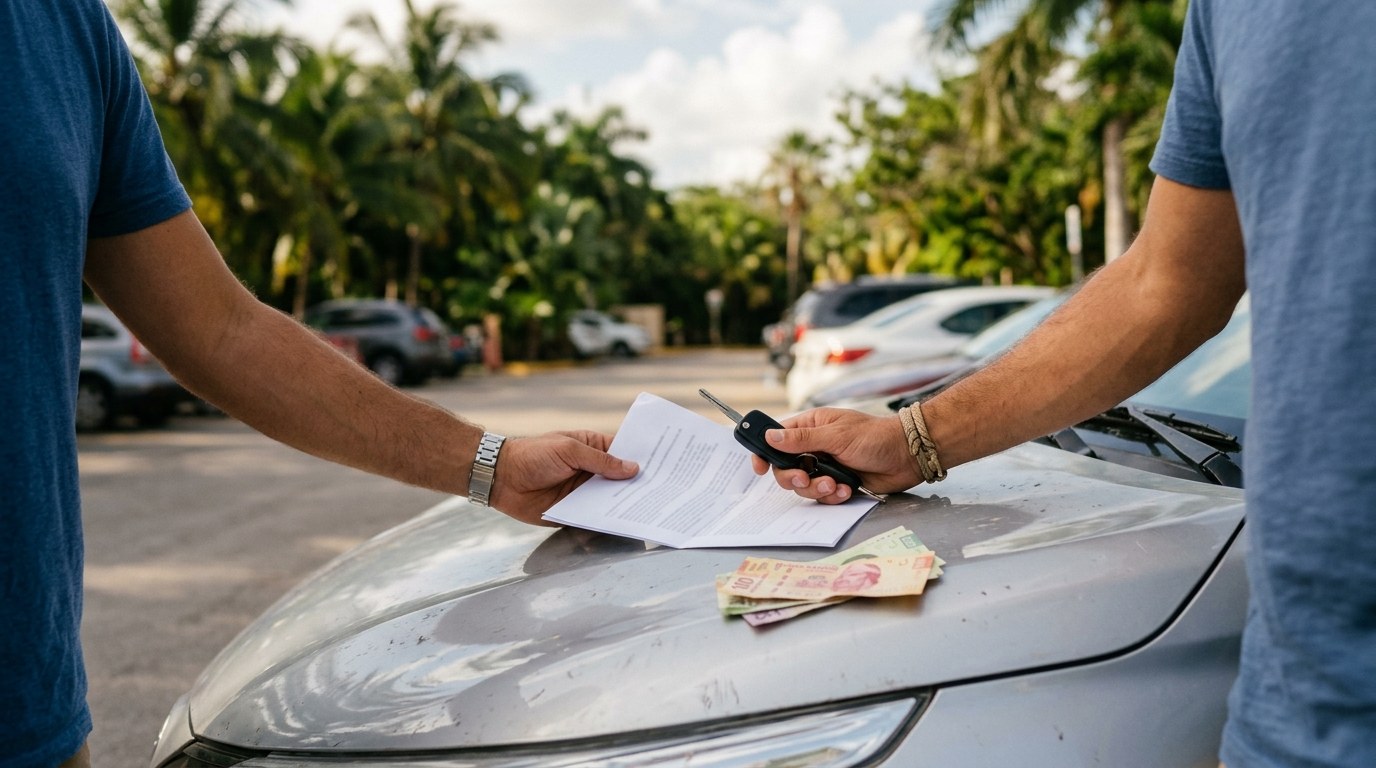 Car rental contract, key and pesos in Cancun parking lot