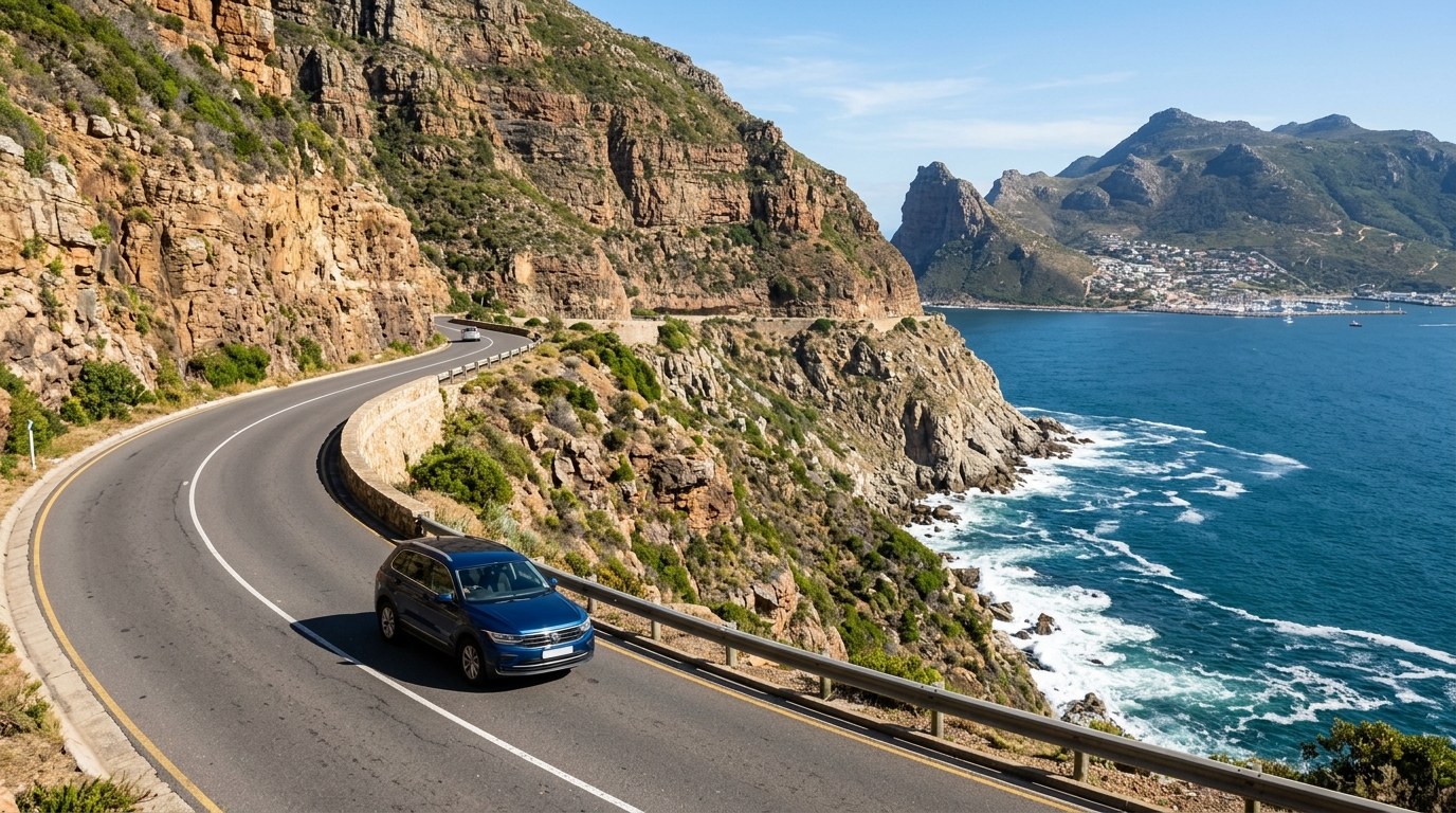 Car driving Chapman's Peak Drive above Hout Bay near Cape Town