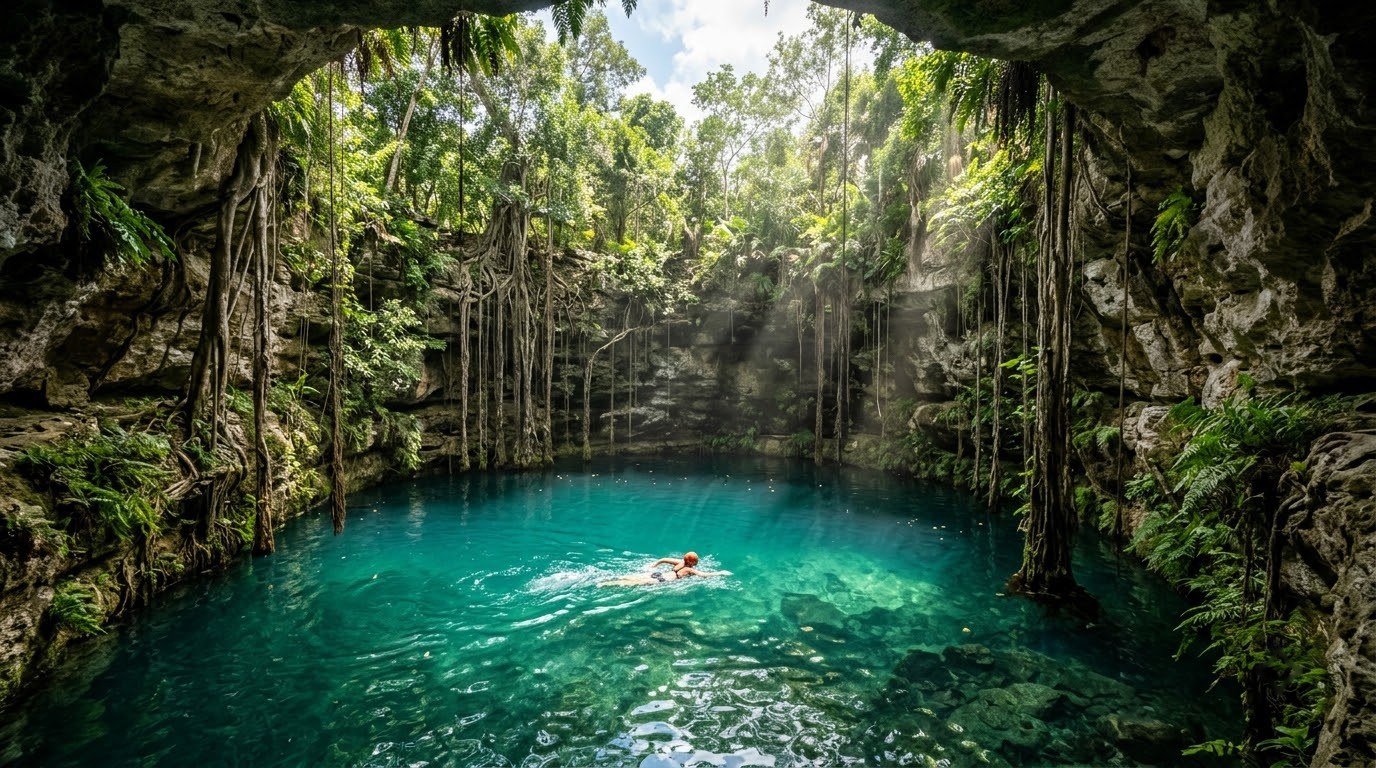 Swimmer in a turquoise cenote with hanging roots in Yucatan